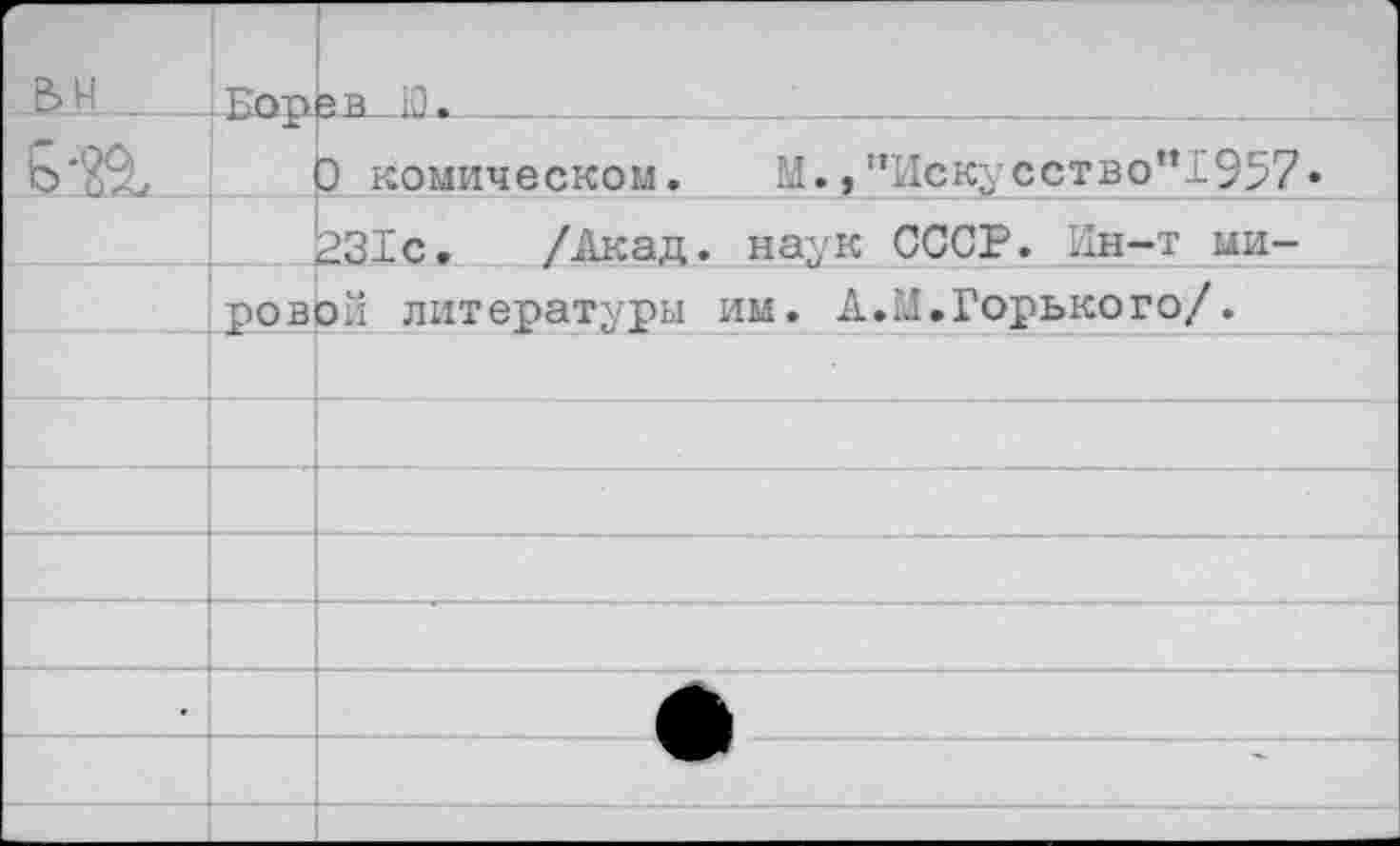 ﻿&-Н---Боре в Ю.____
Б‘2^ I 0 комическом.	М. >"Искусствоп1957*
231с. /Акад, наук СССР. Ин-т мировой литературы им. А.И.Горького/.